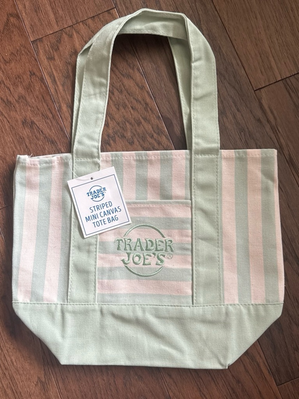 Trader Joe’s Striped Mini Canvas Tote Bag in Mint Pink
